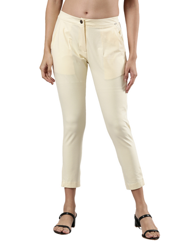 Women's Smart Pants, Cotton Fabric with Zip Button Closure and Pockets Cream