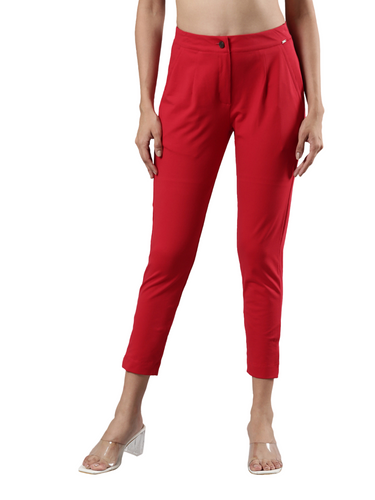 Women's Smart Pants, Cotton Fabric with Zip Button Closure and Pockets Chilli Red