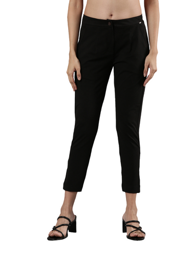 Women's Smart Pants, Cotton Fabric with Zip Button Closure and Pockets Jet black