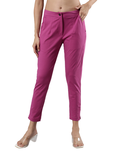 Women's Smart Pants, Cotton Fabric with Zip Button Closure and Pockets Magenta Haze