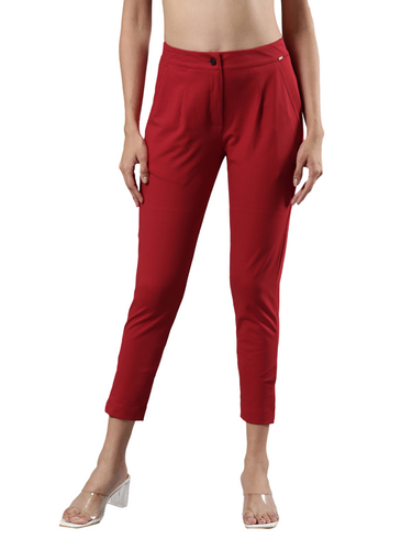 Women's Smart Pants, Cotton Fabric with Zip Button Closure and Pockets Maroon