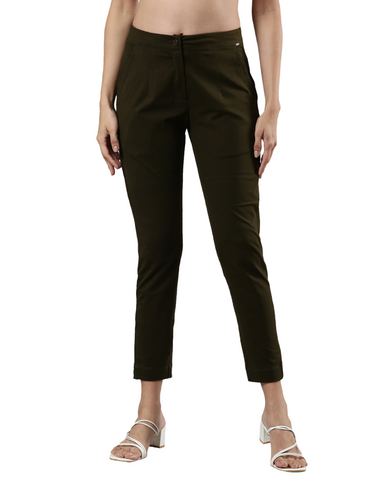 Women's Smart Pants, Cotton Fabric with Zip Button Closure and Pockets Pine Green
