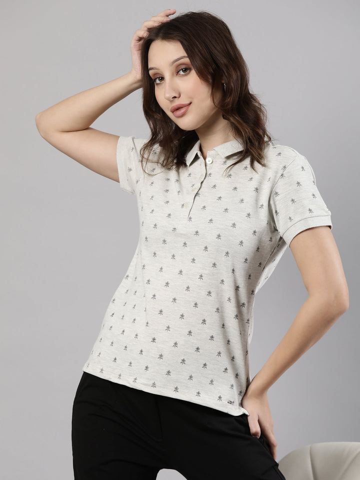 Floral Print Polo Pique T-shirt, Cotton Fabric with Button Placket