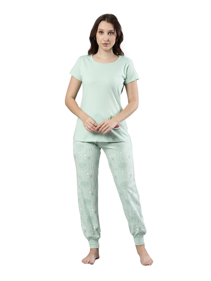 Women's Half Sleeve Top and Long Bottom Set | Soft Cotton, Drawstring Waistband, 1 Pocket, Abstract Print