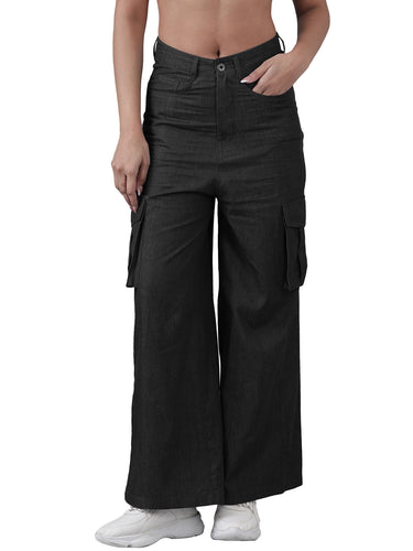 Femmora Women’s High-Rise Wide-Leg Denim Cargo Pants with Multi Pockets | Full-Length Utility Streetwear Bottoms | 100% Cotton Solid Fabric | Casual Fashion Trousers | Black |Pack of 1 Hover