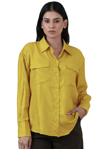 Femmora Women’s  Cargo Shirt in Soft Bsy Satin-Viscose Blend | Regular Fit Full Sleeve Shirt with Flap Pockets & Rounded Hem | Stylish Casual & Office Wear | Yellow |Pack of 1