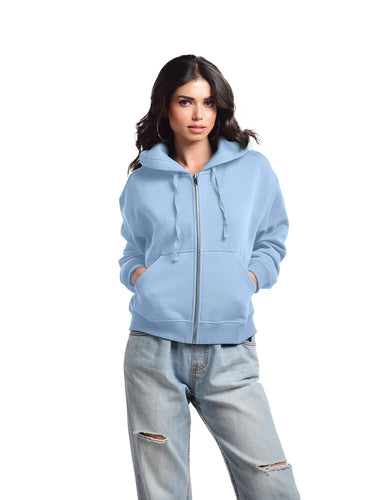 Femmora Premium 100% Cotton Fleece Long Sleeve Oversized Zipped Hoodie for Women | Loose Fit| Knitted fabric | Kangaroo Pocket and Dropped Shoulder – Pastel Blue (Pack of 1)