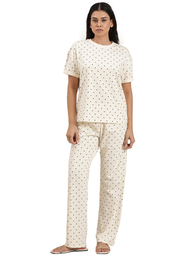 Femmora Women’s Polka Dot Cotton Nightwear Set | 2-Piece Co-Ord with Round Neck Tshirt & Full-Length Pyjamas | Soft Stretch Fabric Sleepwear & Loungewear |  Off.Wht |Set of 1