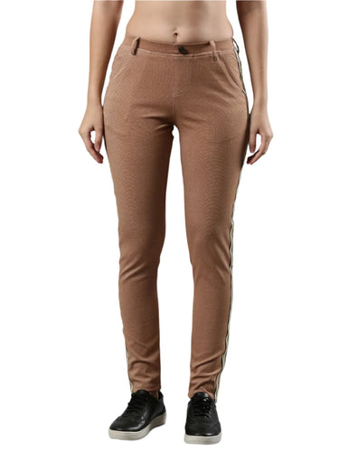 Women's Side Tape Jeggings, Poly Cotton with Elastic Waistband Brown