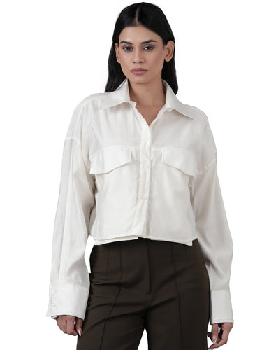 Femmora Women’s Solid Crop Shirt in Soft Viscose-Polyester Blend | Full Sleeve with 2 Flap Pocket Shirt with Turn-Down Collar | Stylish Casual & Office Wear | White |Pack of 1