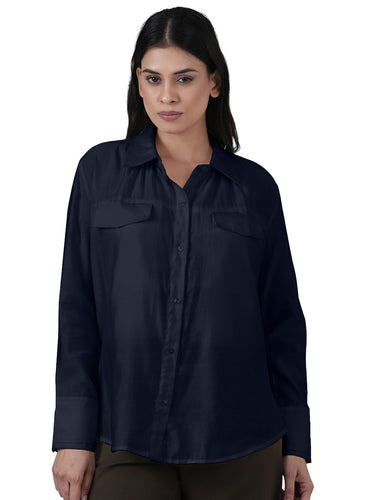 Femmora Women’s Solid Full Sleeve  Shirt | Lightweight 80% Viscose 20% Polyester  with Turn-Down Collar, Rounded Hem & Button-Up Front | Casual & Office Wear | Navy |Pack of 1