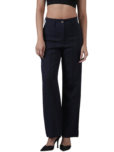 Femmora Women’s High-Rise Straight Fit Trousers with Front Pintuck Detail,Lightweight Workwear Bottoms | Navy|Pack of 1