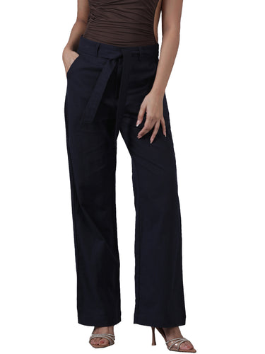 Femmora Women’s High-Waist Cotton Linen Straight Fit Trousers with Elastic Waistband & Button Closure | Formal Office Wear Pants with 2 Slant Pockets | Breathable Workwear Bottoms |Navy| Pack of 1