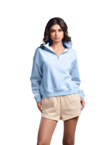 Femmora Premium 100% Cotton Fleece Long Sleeve Solid Henley Sweatshirt for Women | Knitted Pullover | Loose Fit | Front Zip | Dropped Shoulder – Casual Winter Wear- Pastel Blue ( Pack of 1 )