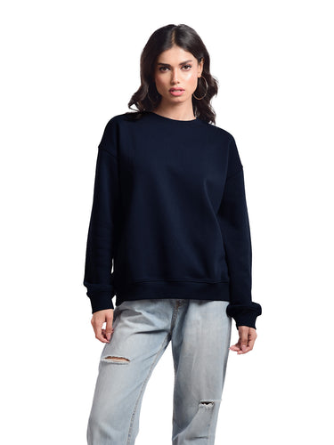 Femmora Premium 100% Cotton Fleece Loose Fit Long Sleeve Solid Sweatshirt for Women |Knitted Fabric | Dropped Shoulder, Casual Pullover | Cozy Winter Wear – Navy (Pack of 1)