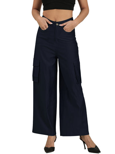 Femmora Women’s High-Rise Wide-Leg Cargo Pants with Utility Pockets | Full-Length Straight Fit Polyester Viscose Bottoms | Lightweight Cord-Effect Fabric Trousers | Casual Fashion Wear | Navy Blue |Pack of 1 Hover