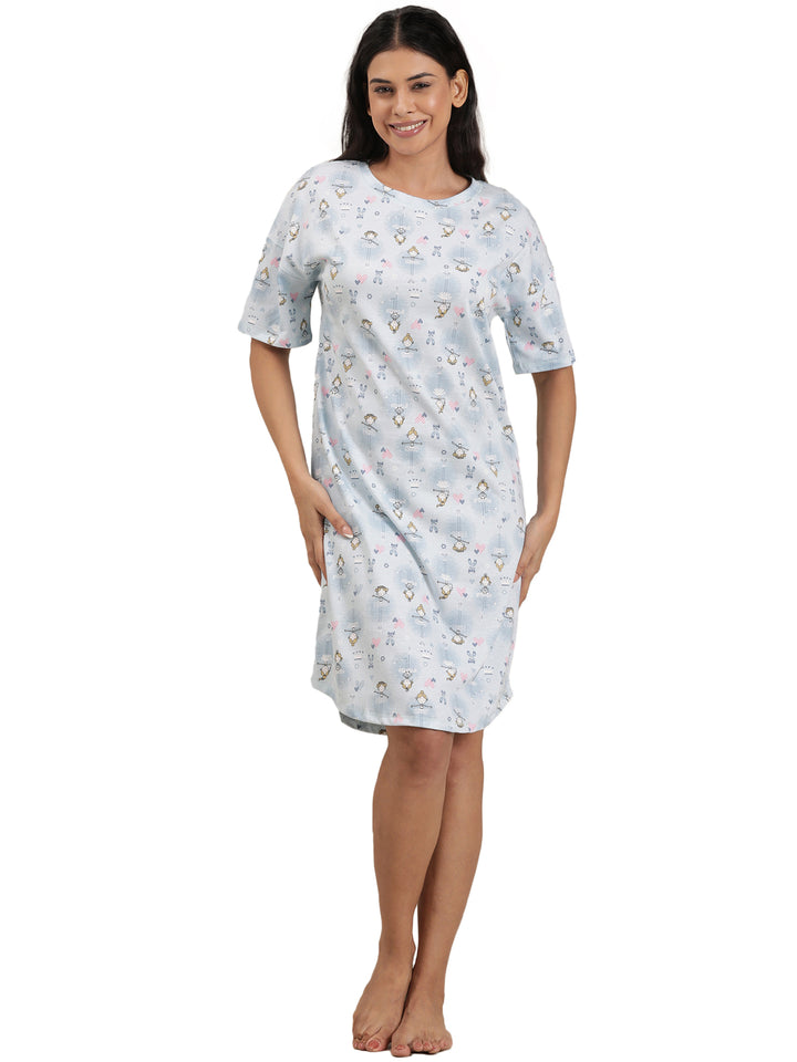 Femmora Women’s Abstract Printed Cotton Short Nighty | Half Sleeve Lounge Dress with Round Neck in Blue | Soft Cotton Mix Sleepwear | Pack of 1