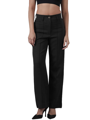 Femmora Women’s High-Rise Straight Fit Trousers with Front Pintuck Detail,Lightweight Workwear Bottoms | Black |Pack of 1