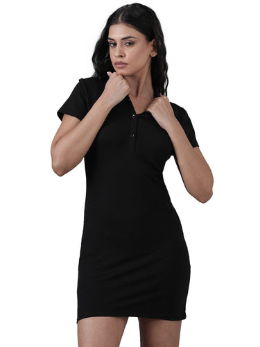 Femmora Women’s Short Cotton T-Shirt Dress | Slim Fit Bodycon Polo Collar Dress, Half-Button Placket, Short Sleeves,  Comfortable Smart-Casual Wear | Black |Pack of 1