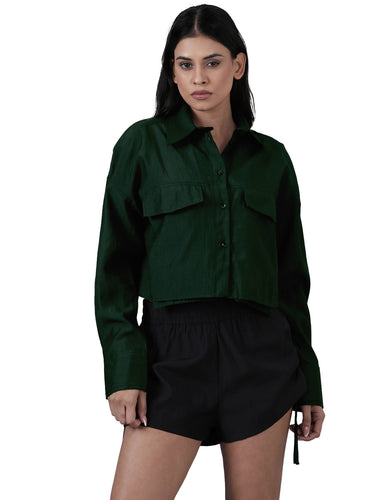Femmora Women’s Solid Crop Shirt in Soft Viscose-Polyester Blend | Full Sleeve with 2 Flap Pocket Shirt with Turn-Down Collar | Stylish Casual & Office Wear | Olive |Pack of 1