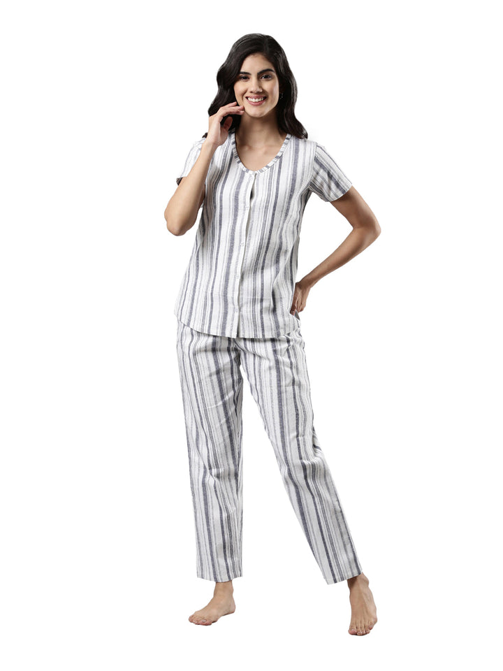 Night Suit Set, Striped Print with Cotton Fabric and Drawstring Waist