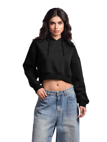 Femmora 100% Cotton Fleece Long Sleeve Solid Crop  Length Hoodie Sweatshirt for Women | Casual Loose Fit Knitted Pullover | Dropped Shoulder – Winter Wear – Black ( Pack of 1)