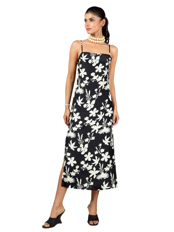 Femmora Women’s Floral Print Maxi Dress with Side Slit | Long Regular Fit Dress with Square Neck & Strappy Design | Elegant Slim Fit Outfit | Breathable Polyester Fabric | Pack of 1