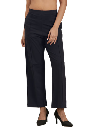 Femmora Women’s High-Rise Relaxed Fit knitted Pants with Pintuck Detail | Full-Length Cotton  Straight Trousers | Solid Stretchable Office & Casual Bottoms | Soft Breathable Fabric | Navy |Pack of 1