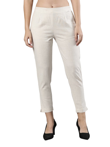 Straight Pant | Breathable Cotton, Side Zip and Button Ecru Melange