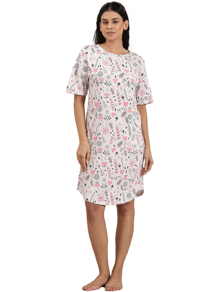 Femmora Women’s Floral Printed Cotton Short Nighty | Half Sleeve Lounge Dress with Round Neck in Subtle Gray | Soft 100% Cotton Sleepwear | Pack of 1