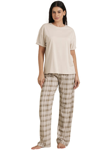 Femmora Women’s Cotton Nightwear Set | 2-Piece Co-Ord with Round Neck Tshirt & Full-Length Flannel Pyjama | Soft Breathable 100% Cotton Fabric | Comfortable Lounge & Sleepwear | Green |Set of 1