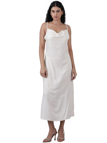 Femmora Women’s Satin Viscose Maxi Dress | Long Bodycon Evening Dress with Cowl Neck & Strappy Cross-Back | Elegant Slim Fit Party Wear Outfit | White |Pack of 1