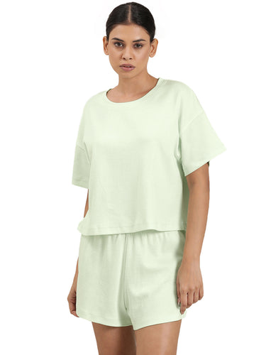 Femmora Women’s Cotton Co-Ord Set | 2-Piece Lounge Outfit with Boxy Top & Shorts in Soft Waffle Jersey Fabric | Relaxed Fit Casual Sleepwear & Loungewear | Mint Green |Set of 1
