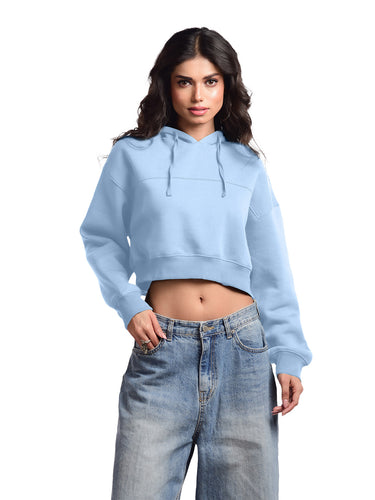 Femmora 100% Cotton Fleece Long Sleeve Solid Crop  Length Hoodie Sweatshirt for Women | Casual Loose Fit Knitted Pullover | Dropped Shoulder – Winter Wear – Pastel Blue ( Pack of 1)