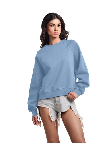 Femmora Premium 100% Cotton Loose Fit Raglan Sleeve Causal Pullover for Women | Knitted Fabric | Solid Sweatshirt | Cozy Winter Wear – Pastel Blue (Pack of 1)