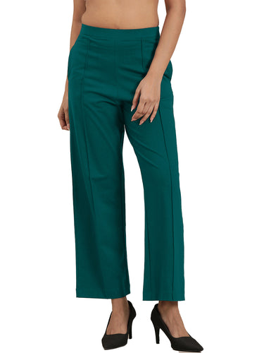 Femmora Women’s High-Rise Relaxed Fit knitted Pants with Pintuck Detail | Full-Length Cotton  Straight Trousers | Solid Stretchable Office & Casual Bottoms | Soft Breathable Fabric | Teal |Pack of 1