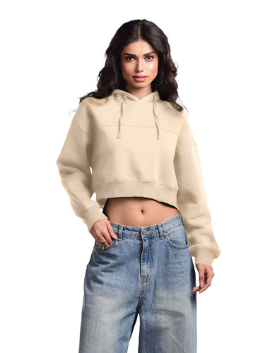 Femmora 100% Cotton Fleece Long Sleeve Solid Crop  Length Hoodie Sweatshirt for Women | Casual Loose Fit Knitted Pullover | Dropped Shoulder – Winter Wear – Beige ( Pack of 1)