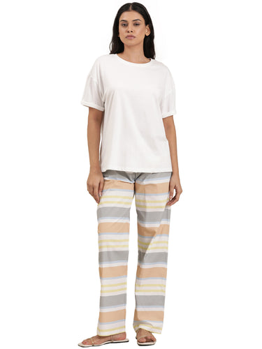 Femmora Women’s Cotton Night Set | 2-Piece Lounge Outfit with Relaxed Fit Top & Striped Drawstring Pyjamas | Comfortable Sleepwear & Loungewear | Mix Colour |Set of 1