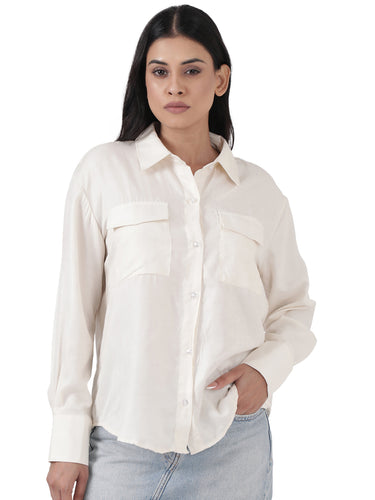 Femmora Women’s  Cargo Shirt in Soft Bsy Satin-Viscose Blend | Regular Fit Full Sleeve Shirt with Flap Pockets & Rounded Hem | Stylish Casual & Office Wear | Off.White |Pack of 1
