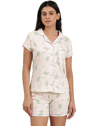 Femmora Women’s Printed Cotton Nightwear Set | 2-Piece Co-Ord with Notched Collar Shirt & Drawstring Shorts | Soft Breathable Fabric | Comfortable Lounge & Sleepwear |  White Print |Set of 1