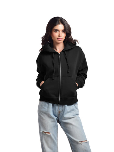 Femmora Premium 100% Cotton Fleece Long Sleeve Oversized Zipped Hoodie for Women | Loose Fit| Knitted fabric | Kangaroo Pocket and Dropped Shoulder – Black (Pack of 1)