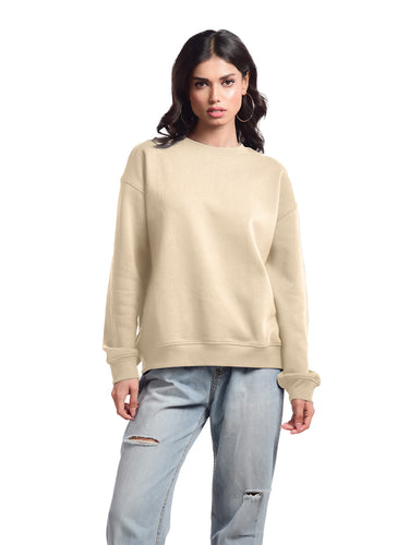 Femmora Premium 100% Cotton Fleece Loose Fit Long Sleeve Solid Sweatshirt for Women |Knitted Fabric | Dropped Shoulder, Casual Pullover | Cozy Winter Wear – Beige (Pack of 1)