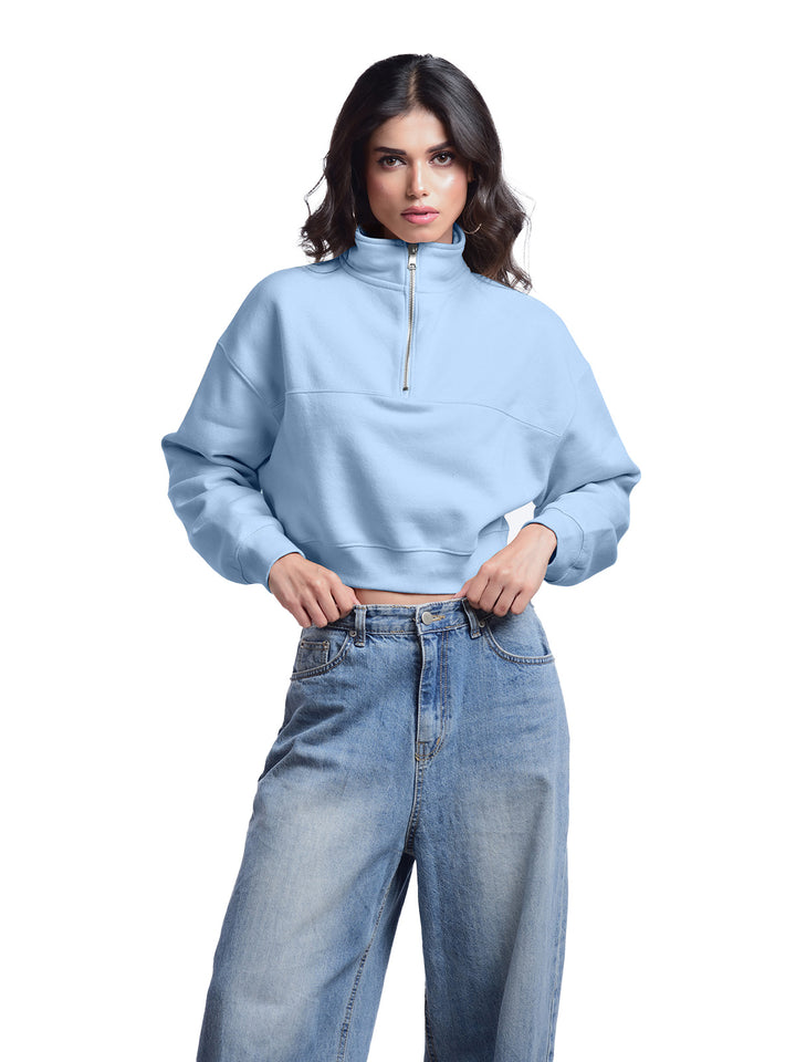Femmora Premium 100% Cotton Fleece Long Sleeve Solid Henley Crop Length Sweatshirt for Women | Knitted Pullover | Loose Fit | Front Zip | Dropped Shoulder – Casual Winter Wear – (Pack of 1)