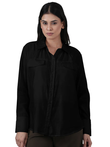 Femmora Women’s Solid Full Sleeve  Shirt | Lightweight 80% Viscose 20% Polyester  with Turn-Down Collar, Rounded Hem & Button-Up Front | Casual & Office Wear | Black |Pack of 1