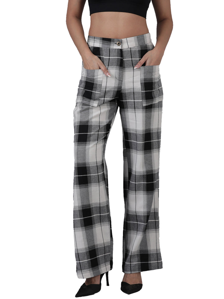 Femmora Women’s High-Rise Straight Fit Cotton Trousers with Checked Pattern,with 2 Front Pockets | 100% Cotton Fabric | Pack of 1