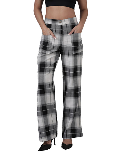 Femmora Women’s High-Rise Straight Fit Cotton Trousers with Checked Pattern,with 2 Front Pockets | 100% Cotton Fabric | Black/White | Pack of 1