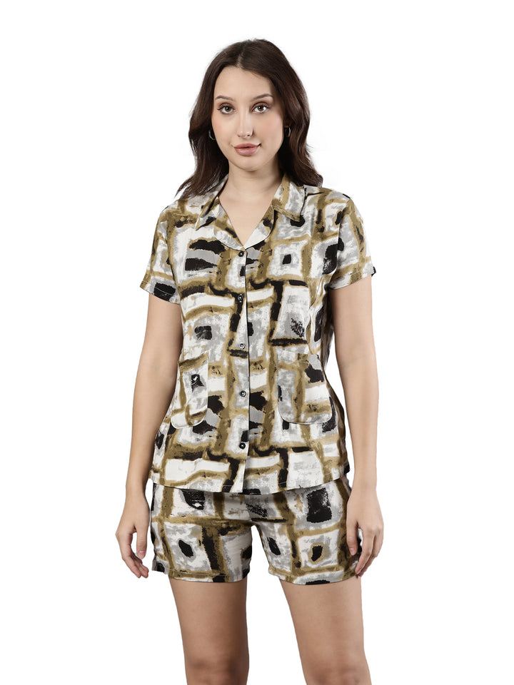 Women's Night Suit Set, Rayon, Abstract Print, Elastic Waistband