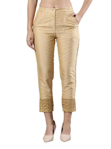 Women's Fancy Hem Pants, Silk Cotton Fabric with Zip Button Closure