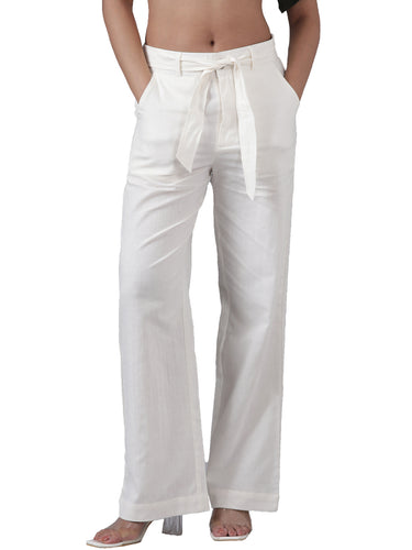 Femmora Women’s High-Waist Cotton Linen Straight Fit Trousers with Elastic Waistband & Button Closure | Formal Office Wear Pants with 2 Slant Pockets | Breathable Workwear Bottoms |White| Pack of 1