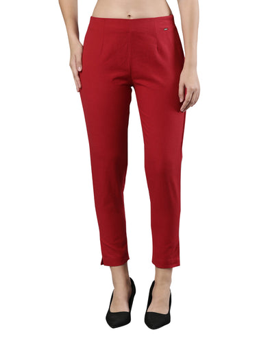 Straight Pant | Breathable Cotton, Side Zip and Button Maroon